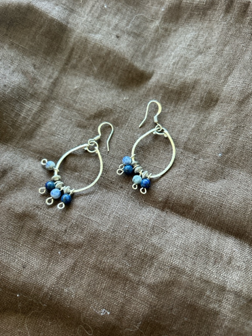 Handcrafted Sterling silver semi precious blue stone bead hoop earrings